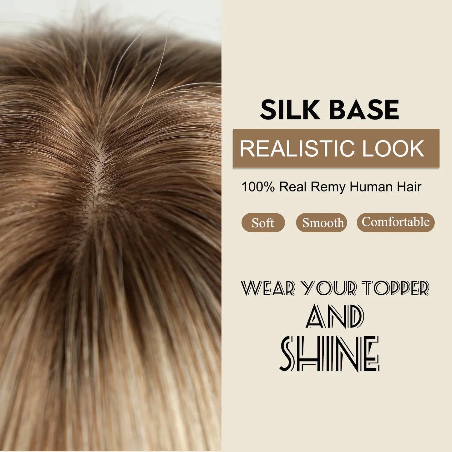 Brown Blonde Ombre Human Hair Toppers for Women – 10/12/14 Inches with Silk Base, Clips, and Bangs