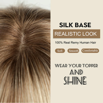 Brown Blonde Ombre Human Hair Toppers for Women – 10/12/14 Inches with Silk Base, Clips, and Bangs