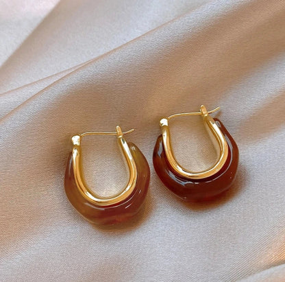 Retro Brown Resin U-Shaped Hoop Earrings — European & American Geometric Earrings for Women, Simple Fashion Jewelry Gift