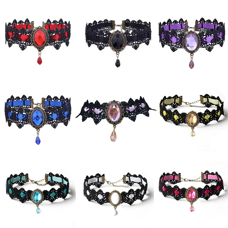 10-Style Bohemian Lace Necklaces for Women – Gothic Punk Choker Jewelry, Red, Blue & Black, Fashion Gift