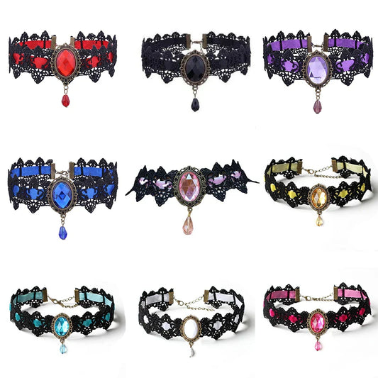 10-Style Bohemian Lace Necklaces for Women – Gothic Punk Choker Jewelry, Red, Blue & Black, Fashion Gift