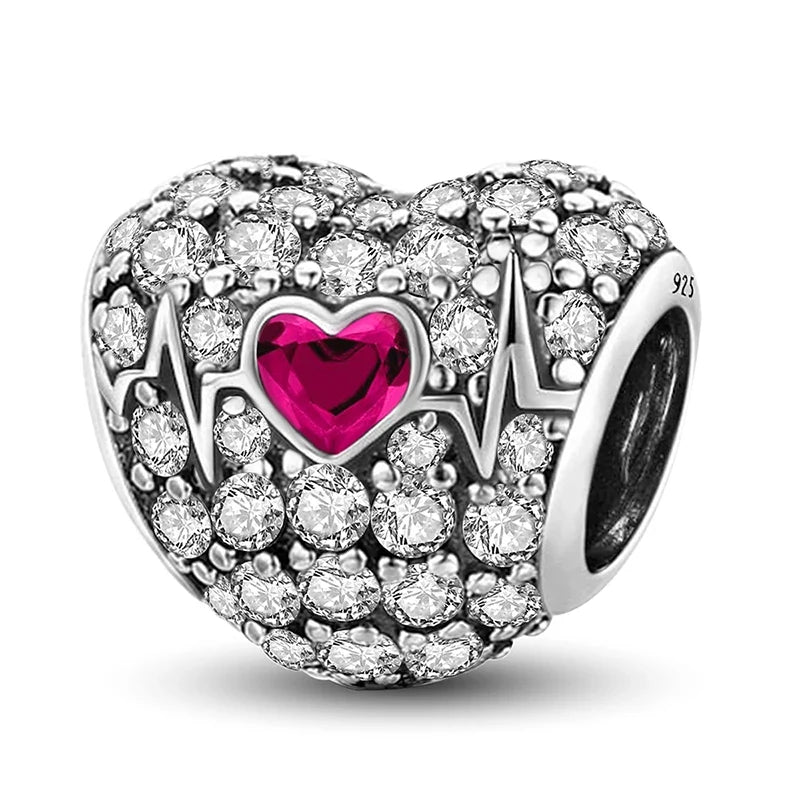 925 Sterling Silver Paw Heart Charm - Zircon Red Love Pendant Bead for DIY Bracelets & Women’s Fine Jewelry