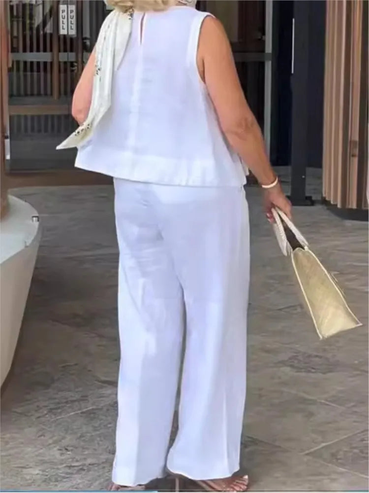 Women Cotton Linen Summer 2-Piece Set – Sleeveless Loose Blouse & Wide Leg Pants Casual Fashion Outfit Suit