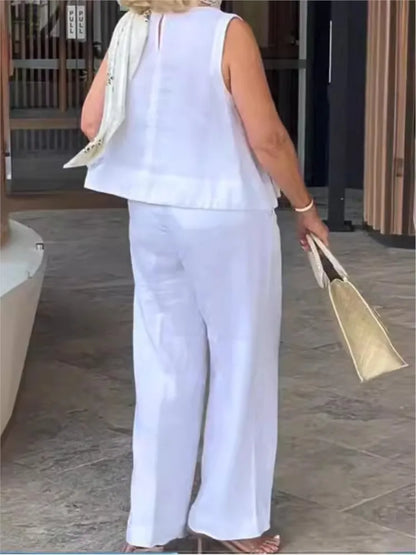 Women Cotton Linen Summer 2-Piece Set – Sleeveless Loose Blouse & Wide Leg Pants Casual Fashion Outfit Suit
