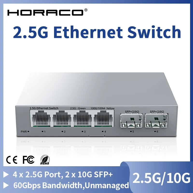 HORACO 2.5Gb Ethernet Switch - 4-Port 2.5G RJ45 with 2-Port 10G SFP+ Fanless Unmanaged Network Switch