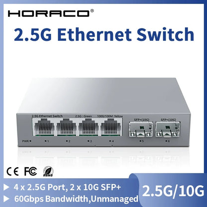 HORACO 2.5Gb Ethernet Switch - 4-Port 2.5G RJ45 with 2-Port 10G SFP+ Fanless Unmanaged Network Switch
