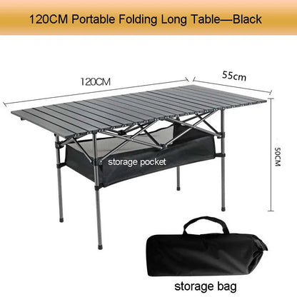 Outdoor Folding Long Table – Portable Black Camping Desk with Net Bag, Easy Setup & Stable for BBQs