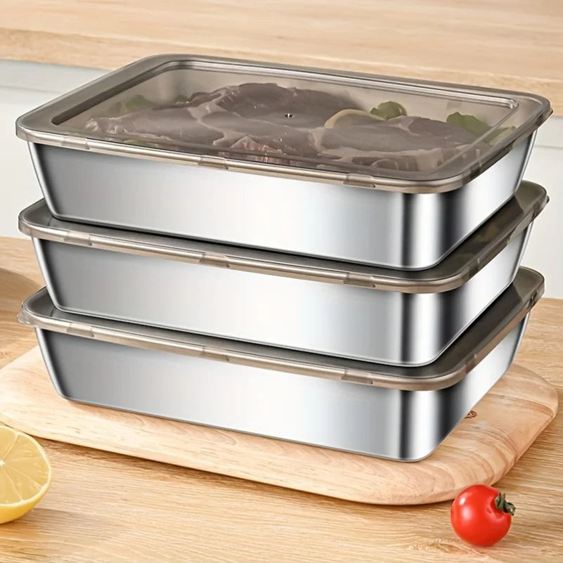Stainless Steel Food Storage Container – Rectangular Dish with Lid for Noodles, Fruit, Lunch, and Refrigerator Organization