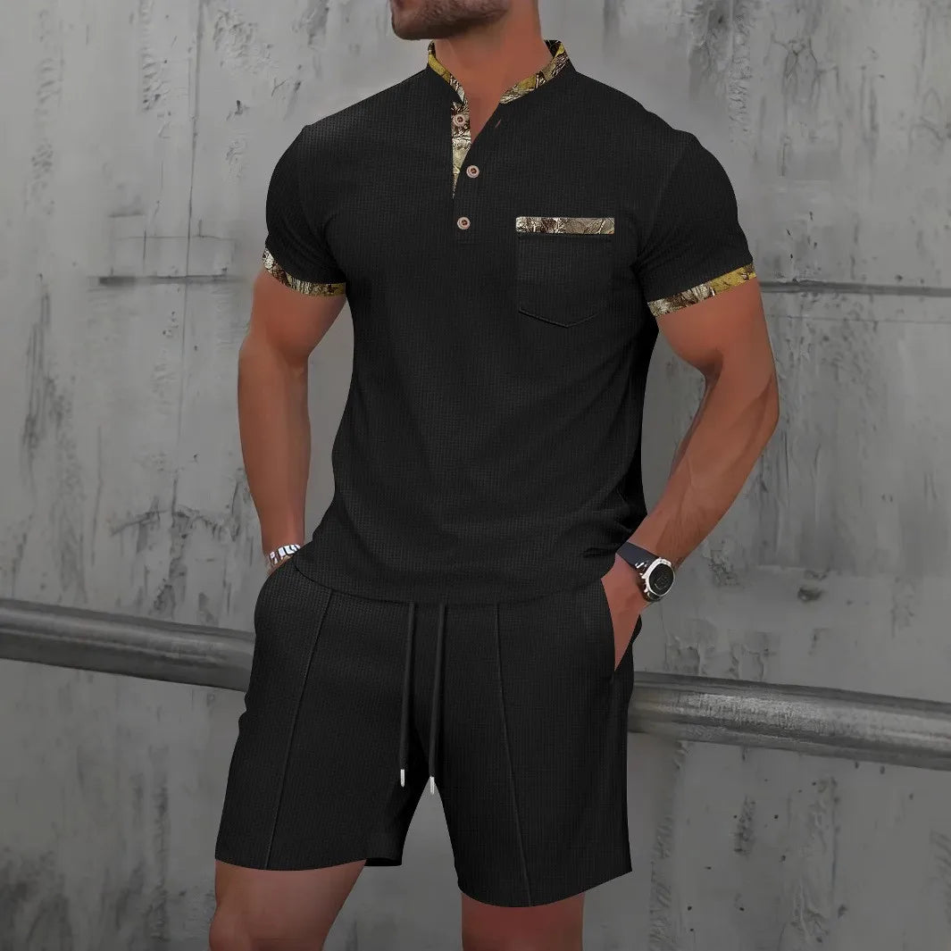 2025 Men's Summer Waffle Knit Short Set – Solid Color Zip-Up Lapel Shirt & Shorts | European & US Style