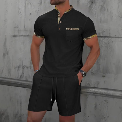 2025 Men's Summer Waffle Knit Short Set – Solid Color Zip-Up Lapel Shirt & Shorts | European & US Style