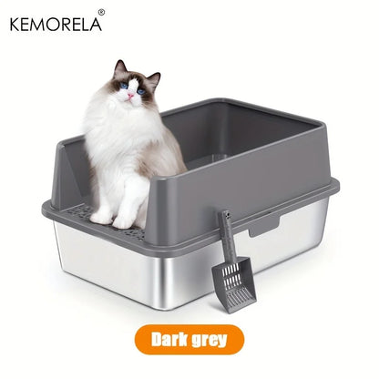 Super Large XL Stainless Steel Cat Litter Box with Lid – High Side Closed Design for Large & Small Cats, Includes Scoop