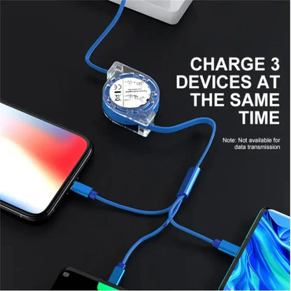 3-in-1 Retractable USB Data Cable – Fast Charging for iPhone, Type-C & Micro USB, Compatible with Android, Xiaomi, Huawei, Samsung