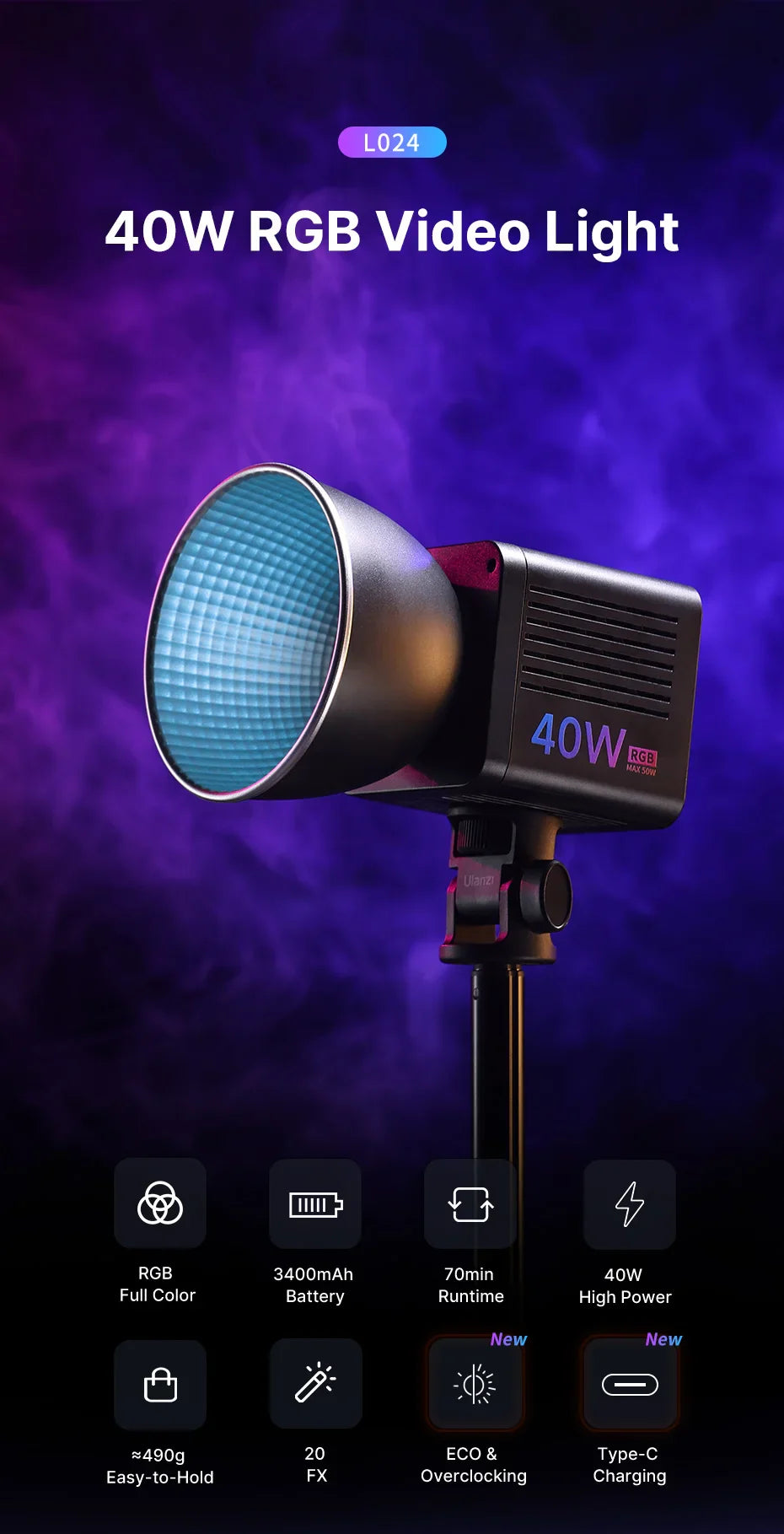 Ulanzi L024 40W RGB Video Light – 2500-6500K Bi-Color, 0-359° RGB COB Light with Mini Bowens Mount & 3400mAh Fill Light