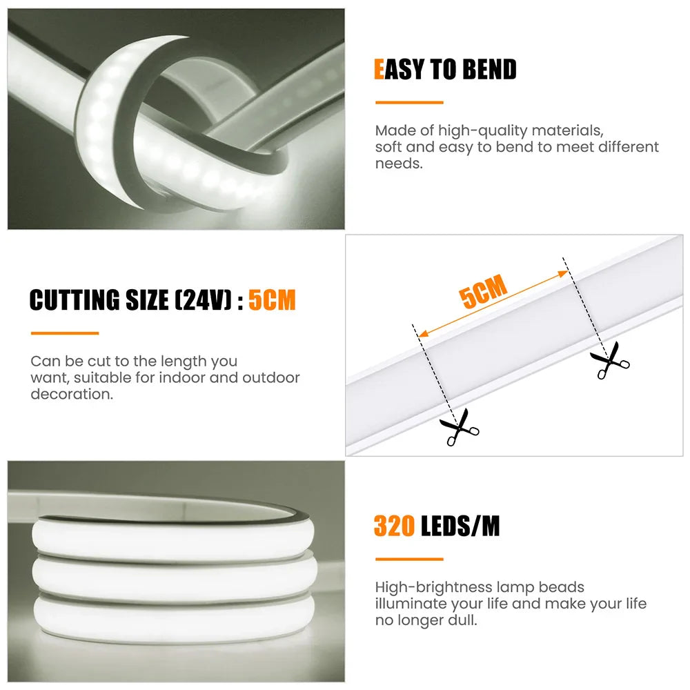 Solar COB LED Strip Light - 320 LEDs/m, DC 24V, Flexible, Waterproof, Warm Natural White - Available in 0.5m, 1m, 2m, 5m for Garden Decoration