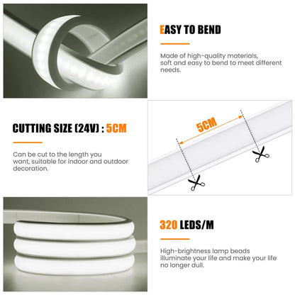 Solar COB LED Strip Light - 320 LEDs/m, DC 24V, Flexible, Waterproof, Warm Natural White - Available in 0.5m, 1m, 2m, 5m for Garden Decoration