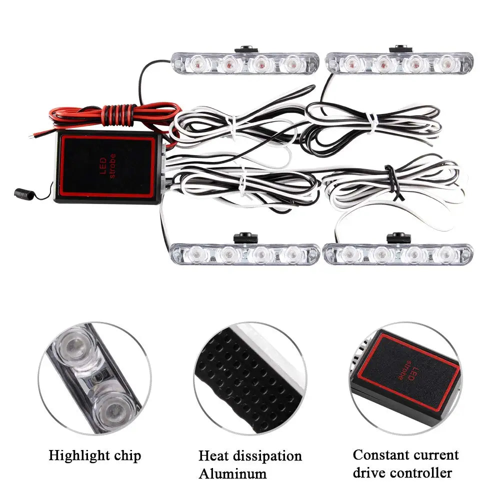 4 in 1 Red & Blue Emergency Strobe Lights - 12V Police Lights with Wireless Remote Control, Flash Grille Light for Cars, Trucks, Vans, and SUVs