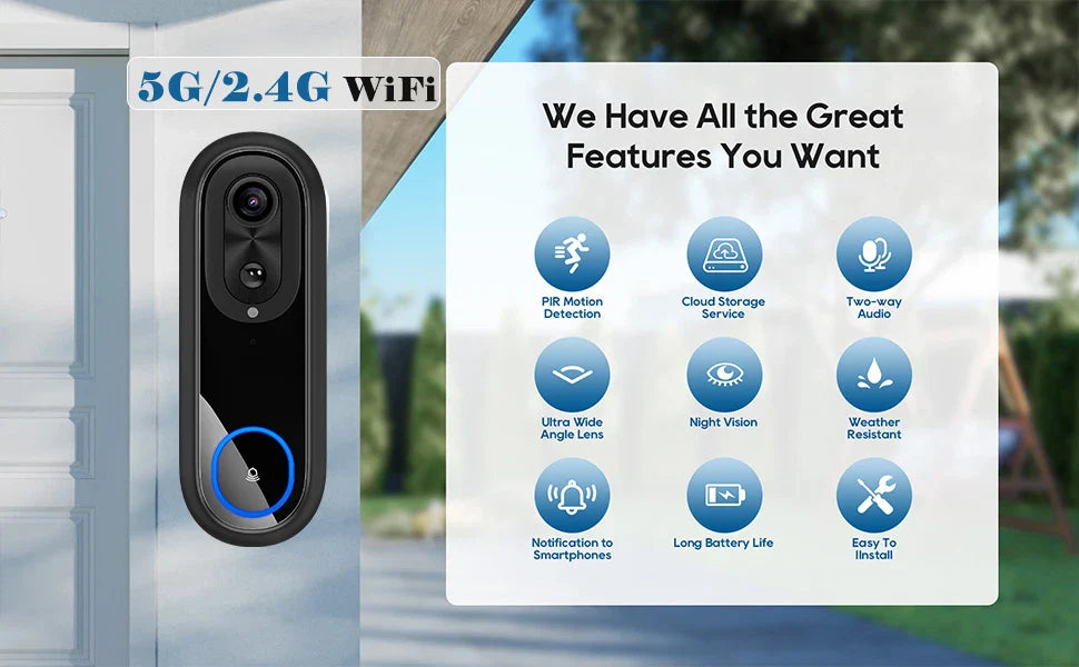 5G/2.4G WiFi 1080P Wireless Video Doorbell — Tuya App Smart Intercom, IP65 Waterproof, 7000mAh Battery