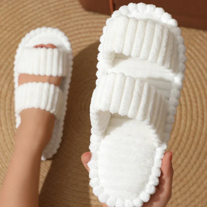 Women’s Corduroy Fuzzy Home Slippers – Lightweight Open Toe Non-Slip Plush Indoor Floor Slides for Autumn & Winter