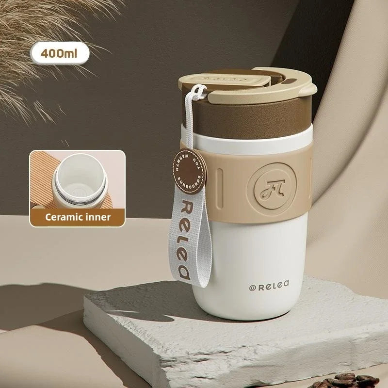 Travel Thermal Mug with Ceramic Liner – 316 Stainless Steel Vacuum Insulated Coffee Cup with Straw, Heat Retention Water Bottle
