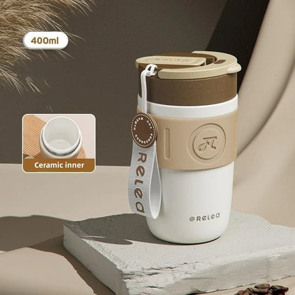 Travel Thermal Mug with Ceramic Liner – 316 Stainless Steel Vacuum Insulated Coffee Cup with Straw, Heat Retention Water Bottle