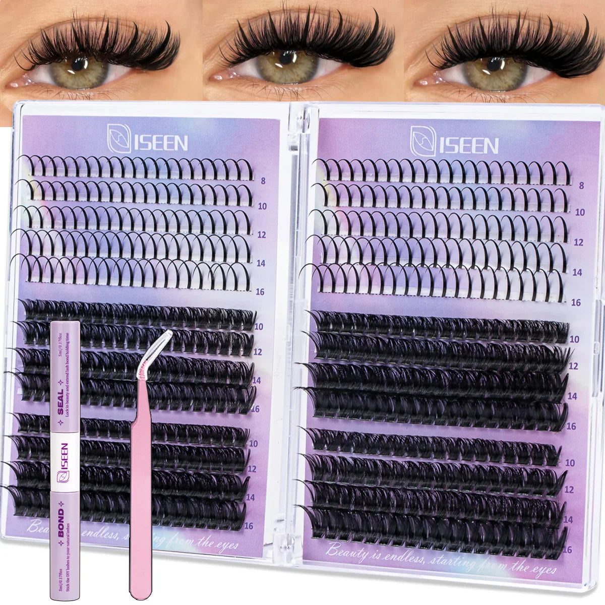 DIY Lash Clusters Kit – Wispy Natural C Curl Eyelash Extensions 8–16mm with Bond & Seal for Salon-Style Eyelash Makeup