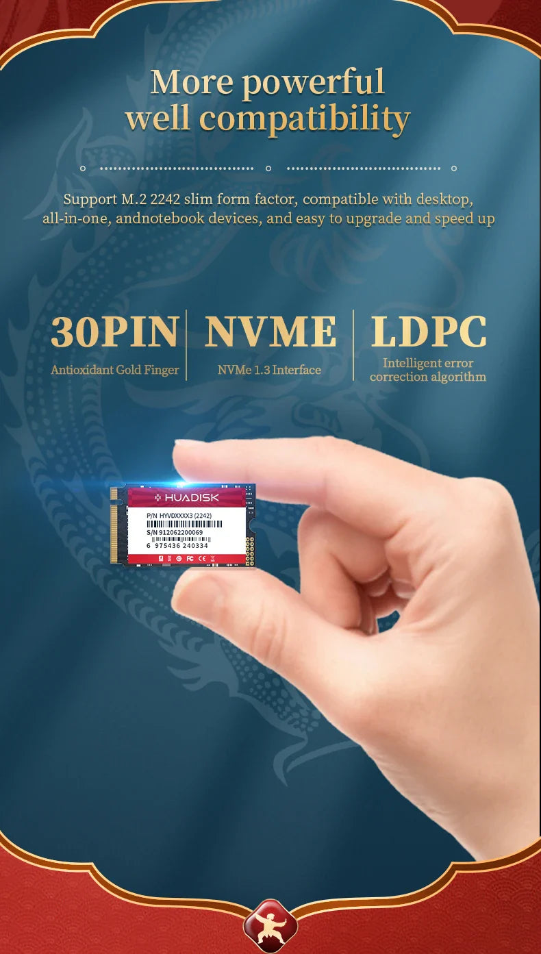 HUADISK M.2 NVMe SSD 2242 PCIe Internal Solid State Drive | 128GB 256GB 512GB 1TB for Orange Pi 5, Lenovo S540