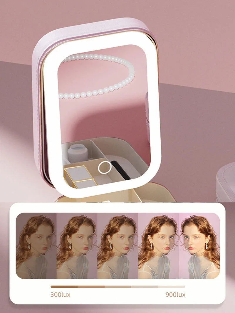 LED Makeup Bag with Mirror – Portable Cosmetic Storage for Women, Small Lipstick & Brush Organizer with Wireless Light