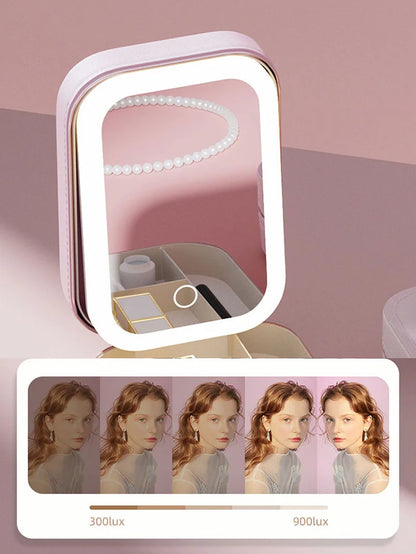 LED Makeup Bag with Mirror – Portable Cosmetic Storage for Women, Small Lipstick & Brush Organizer with Wireless Light