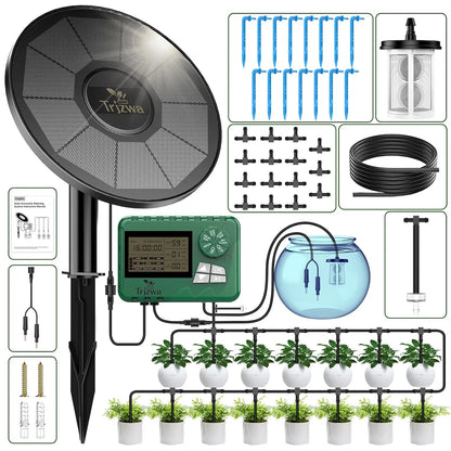 Solar Drip Irrigation Kit with Timer – 15M Hose Automatic Watering System for Greenhouse & Potted Plants