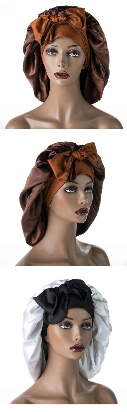 Satin Nightcap for Women - Wide Stretch, Extra-Large Long Tail, Shower Cap with Ribbon, Round Hat Hair Bonnet