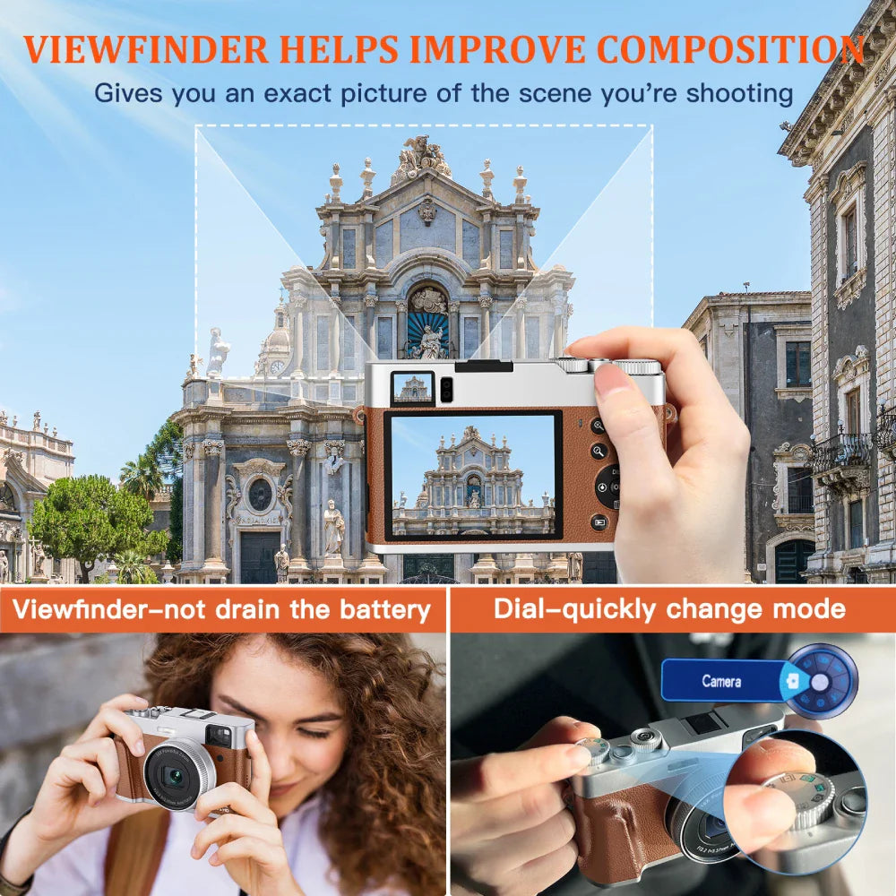 4K Digital Camera – 48MP Auto Focus Vlogging Camera for YouTube, Anti-Shake, Viewfinder, Flash & Dial (Brown)