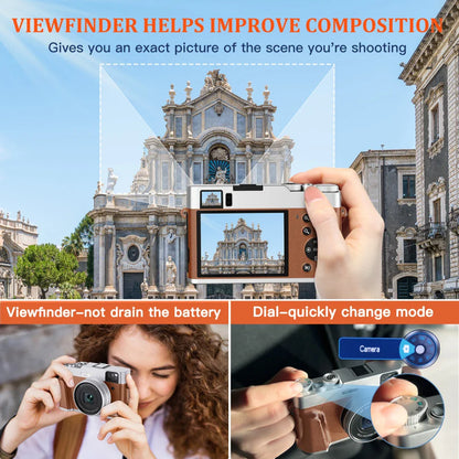 4K Digital Camera – 48MP Auto Focus Vlogging Camera for YouTube, Anti-Shake, Viewfinder, Flash & Dial (Brown)