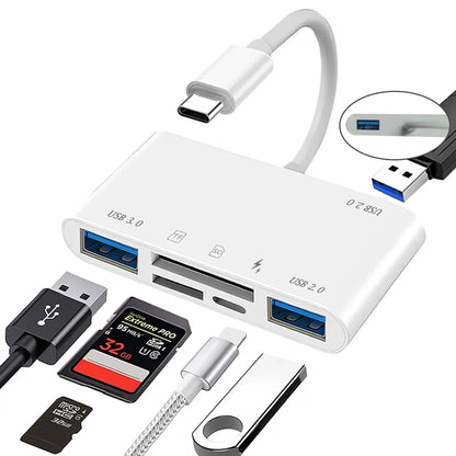 6-in-1 USB-C SD TF Card Reader Adapter with USB 3.0 OTG & 30W Fast Charging Port