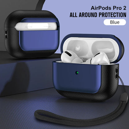 Luxury Leather Pattern Earphone Case for AirPods Pro 2/3/4 – Shockproof ANC Cover with Lanyard