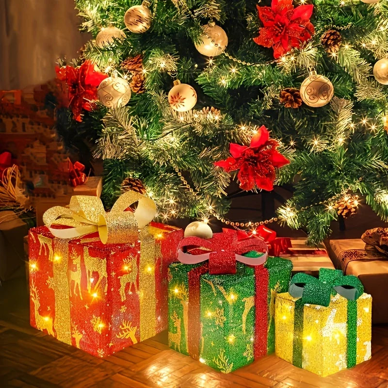 3-Piece Christmas LED Gift Box Set - Warm White Holiday Decoration (No Batteries Included)