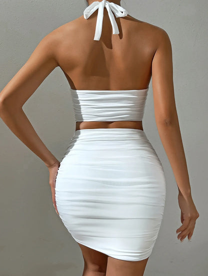 Women’s White Sexy Halter Neck Sleeveless Backless Two-Piece Bodycon Dress - Pleated Slim Fit Evening Wear