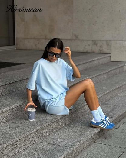 Women’s Soft Cotton Two-Piece Set 2026 – Short Sleeve T-Shirt & High Waist Shorts Casual Solid Tracksuit Loungewear Outfit