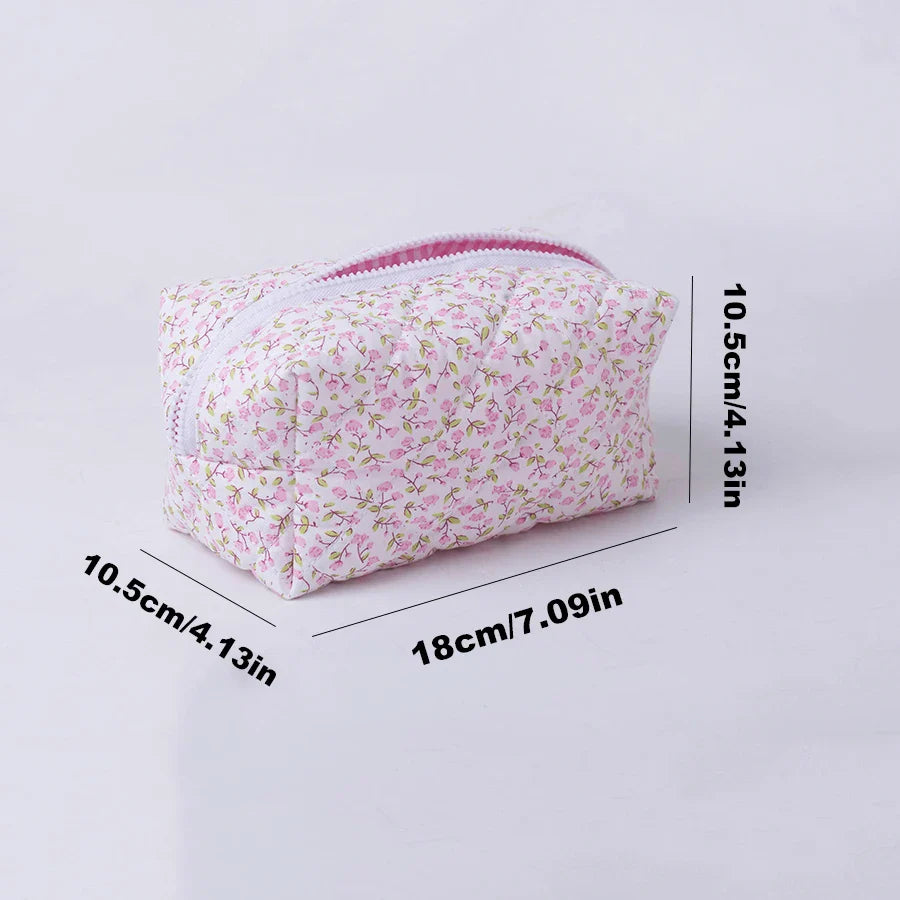 Floral Puffy Quilted Makeup Bag — Large Travel Cosmetic Organizer Pouch with Flower Print for Makeup Accessories