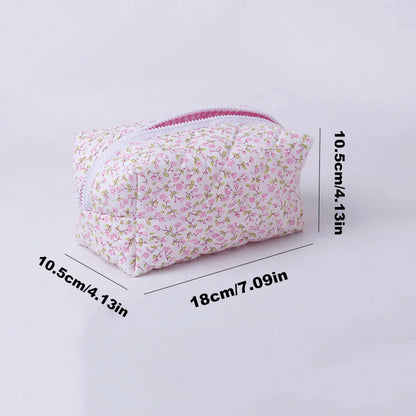 Floral Puffy Quilted Makeup Bag — Large Travel Cosmetic Organizer Pouch with Flower Print for Makeup Accessories