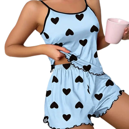 Women's Satin Pajama Set – Soft Printed Cami Top & Shorts Sleepwear for Home & Daily Wear