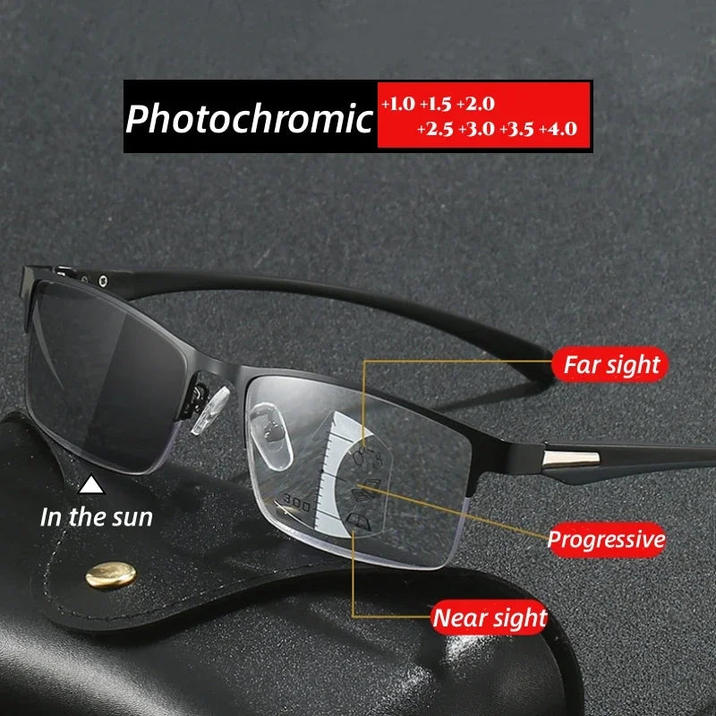 Progressive Multifocal Photochromic Reading Glasses – Anti-Blue Light Half Frame for Men with Presbyopia & Far Sight Protection