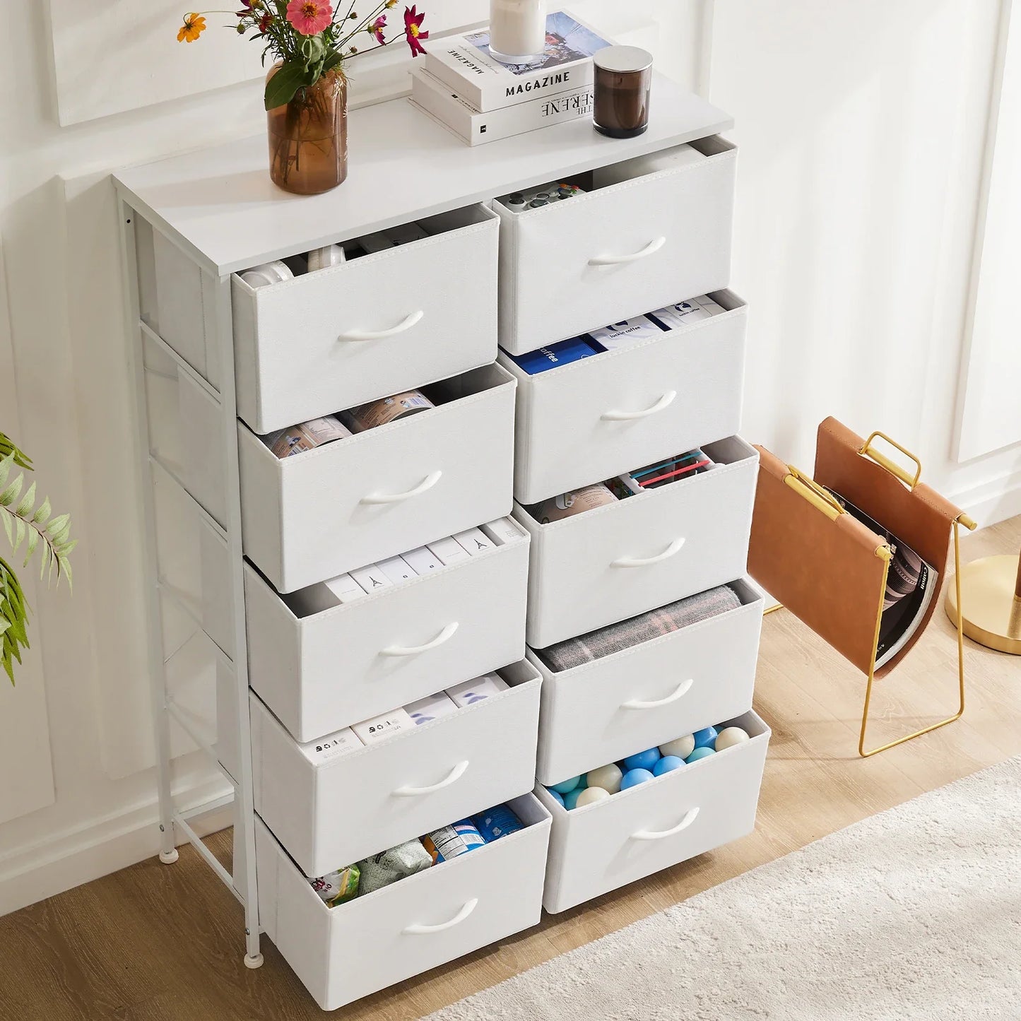 White Wardrobe Closet with 5/7/10 Fabric Drawers – Bedroom Storage Chest Cabinet Furniture