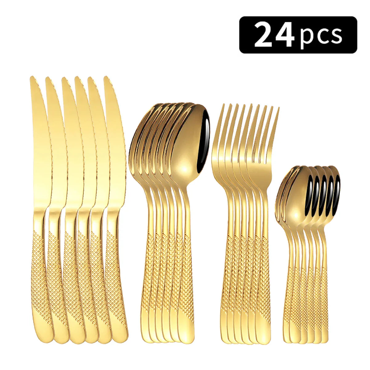 24-Piece Stainless Steel Tableware Set – Star Design Steak Knives, Forks, Dessert Forks, and Spoons for Family Use