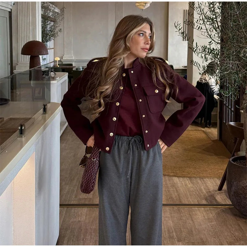 2025 Women's Elegant Long Sleeve Woolen Coat – V-Neck, Single-Breasted Slim Fit Solid Color Office Jacket