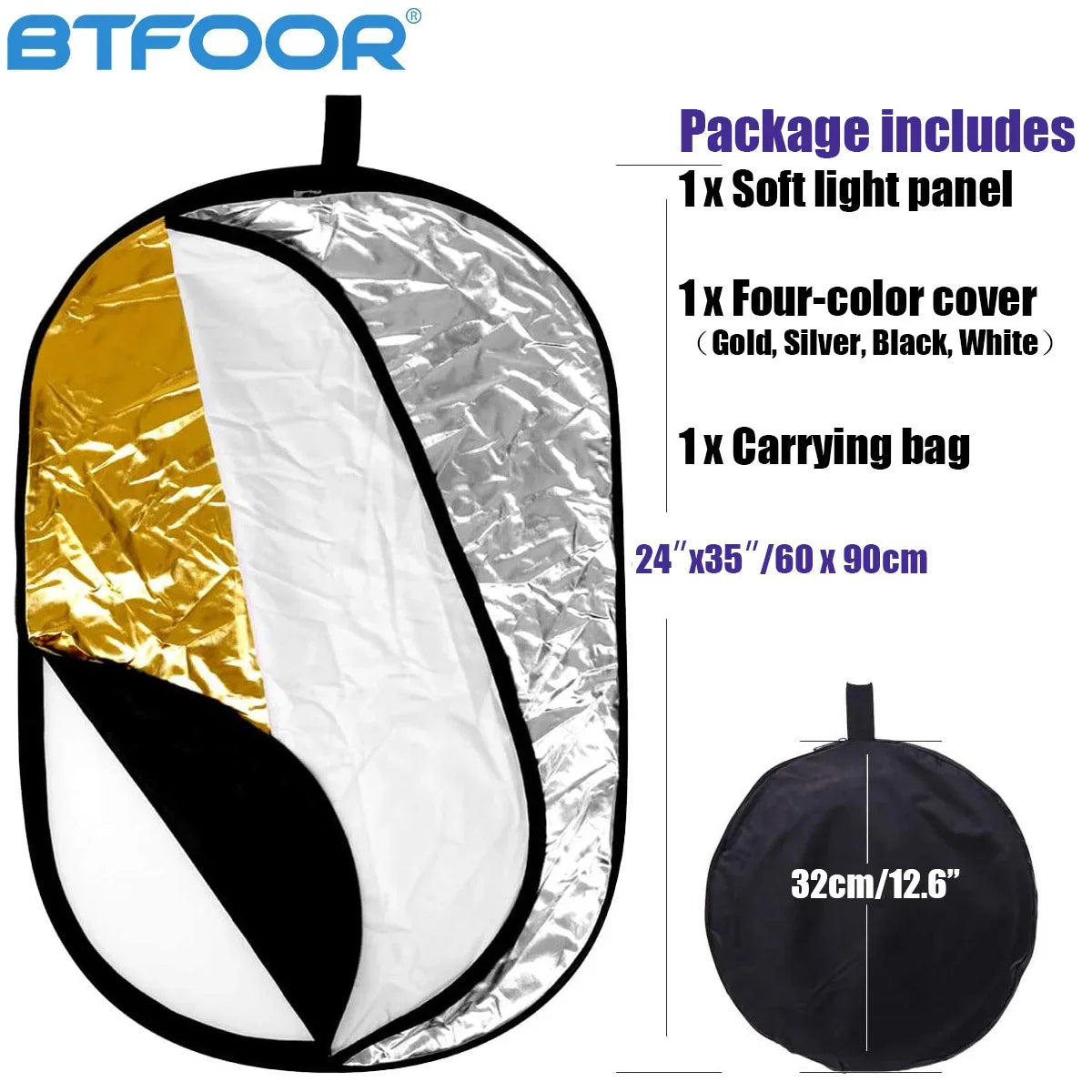 5-in-1 Collapsible Oval Photography Reflector 24"x35" 60x90cm Portable Light Diffuser Multi-Color Panel (90x120/100x150/150x200cm Options)