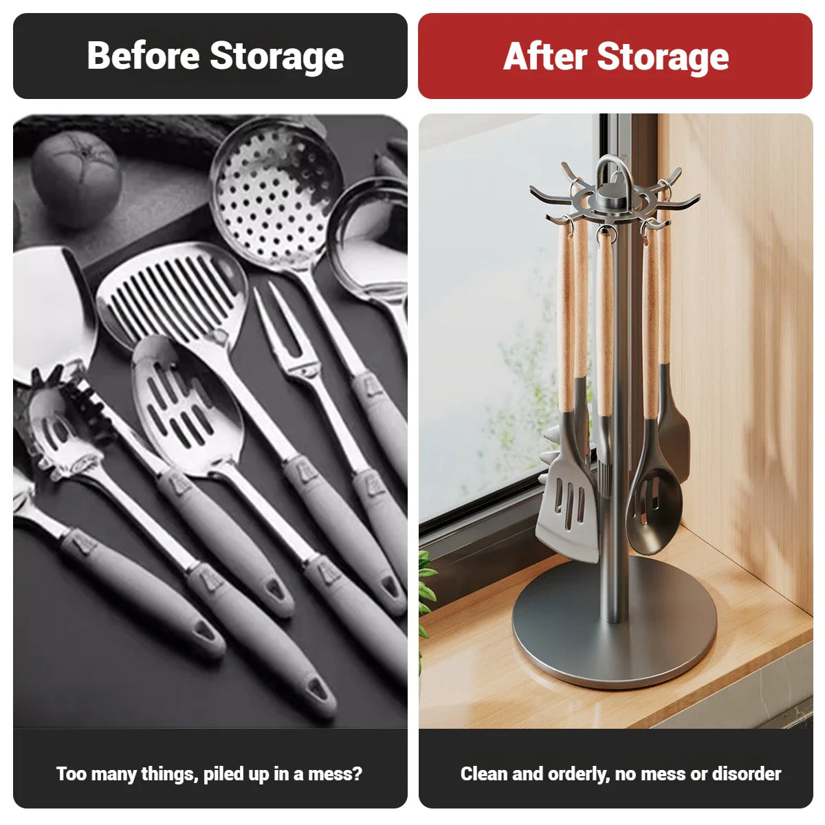 Rotating Kitchen Utensil Stand — 8-Hook Countertop Organizer for Cooking Tools