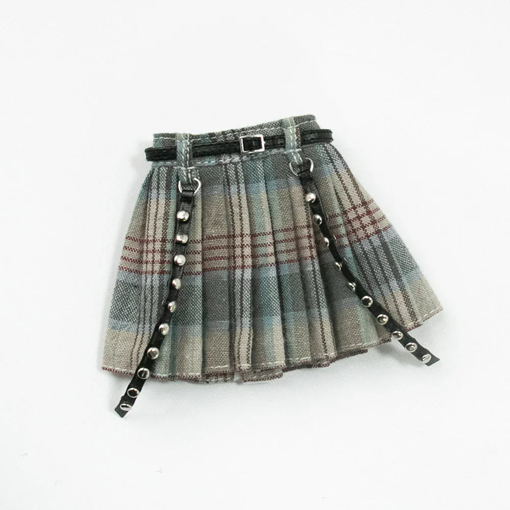 Blythe Doll Clothes Plaid Pleated Skirt & Off-Shoulder Top Tulle Dress Set — Ruffle Skirt for Licca, Azone, OB22, YMY Doll Accessories