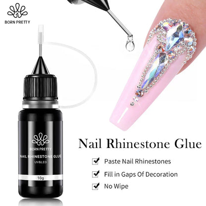 BORN PRETTY 10g Gel Nail Glue for Rhinestones - Super Adhesive, No Wipe Nail Gem Glue for 3D Crystals, Beads, Diamonds & Stickers