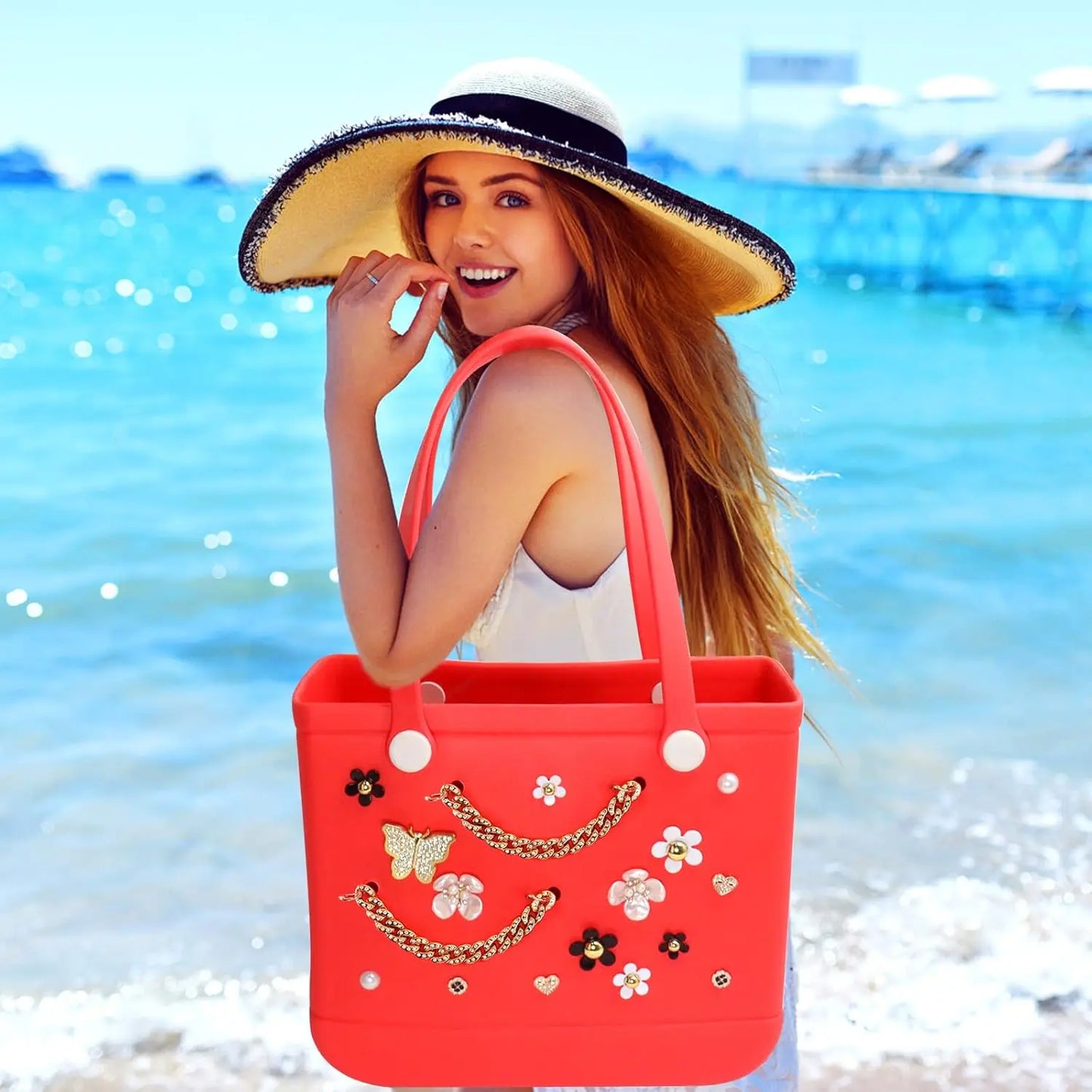 20PCS Beach Bag Charms Set – Pearl, Butterfly & Flower Decorative Accessories for Bo Bag, Stylish Compatible Clip-On Bag Charms