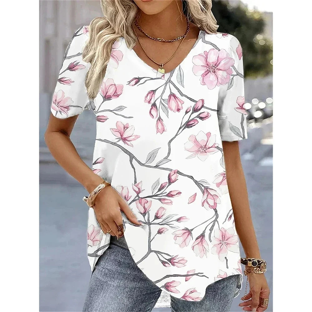 Women's 3D Flower Print V-Neck T-Shirt - Oversized Kawaii Summer Casual Blouse Top Fashion Clothing